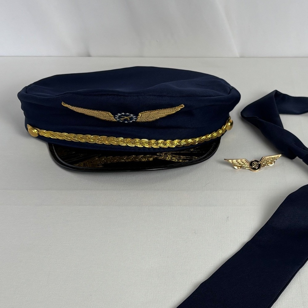 Spirit Halloween Pilot Adult Costume Navy Blue Jacket Hat Tie Wing Pin Medium - Picture 4 of 8